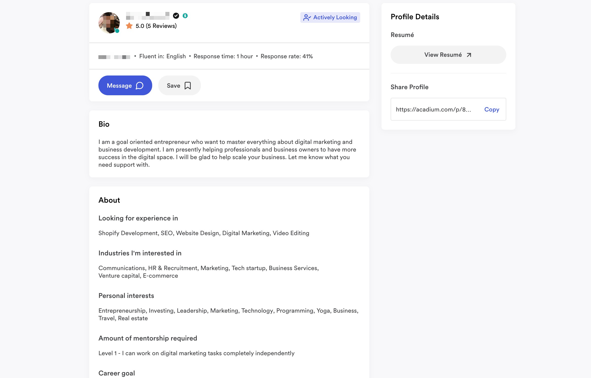 Acadium Apprentice Student Profile - Personal Branding